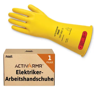 Produktbild von Ansell ActivArmr Elektriker-Schutzhandschuhe, Elektroschutz Klass 0 (1000V), Elektrisch Isolierende Gummihandschuhe, Professionelle Arbeitshandschuhe 36cm, Gelb, Größe L (1 Paar) – Größe 9 (L), Klasse