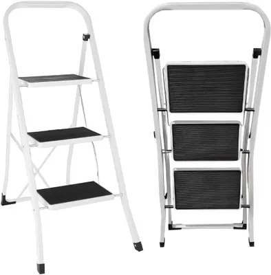 Image de Escalier pliant - 3 marches - Avec poignée de maintien - Surface antidérapante - Facile à transporter - Idéal pour la maison, le bureau et la cuisine