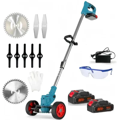 Produktbild von Rasentrimmer Freischneider mit 2x 21V& Ladegerät Akku, Akku-Rasentrimmer, Teleskop-Stiel & Zusatzhandgriff, Mit Rädern, Blau