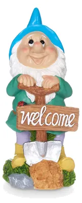 Produktbild von Giftdecor Gartenzwerg Statue mit Willkommensschild - Hut blau - 27 cm