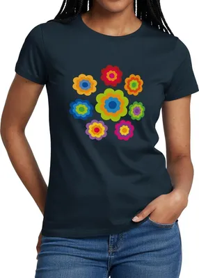 Produktbild von Spreadshirt 70er Jahre Hippie Flower Power Kostüm Blumen Fasching Frauen T-Shirt, XL, Navy