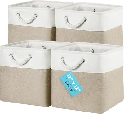 Obrázek produktu pro Úložné boxy 30x30x30 cm, sada 4 kusů, látkové kostky, úložné boxy z textilu, úložné koše do dětského pokoje, skládací box 30x30, koše pro systém Kallax, krabice pro regál Kallax, barva béžová/bílá