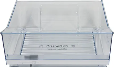 A clear plastic crisper box for a refrigerator, designed for storing fruits and vegetables.