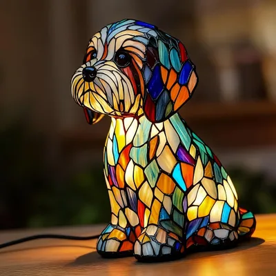 Produktbild von Hunde-Nachtlicht aus Kunstharz, Niedliche Hundelampe Mosaik, USB-Anschluss, mehrfarbig vintage lampe, Nachttischlampe, Schlafzimmer Deko Geschenk