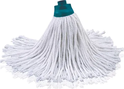 A white mop head with a teal plastic connector is shown against a white background.