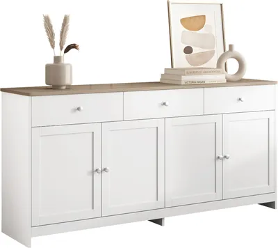 Produktbild von Sideboard mit weißer Holzmaserung,vier Türen,mit drei Schubladen,Wohnzimmer, Esszimmer