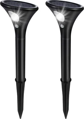Two black solar-powered LED pathway lights with motion sensors are shown against a white background.