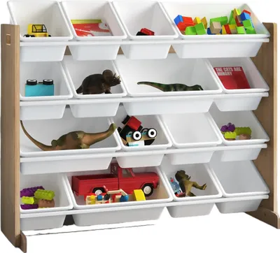 Produktbild von Ginger Home Kinderregal mit 16 Plastikboxen - Holz/Weiß - Spielzeug Organizer für Kinderzimmer