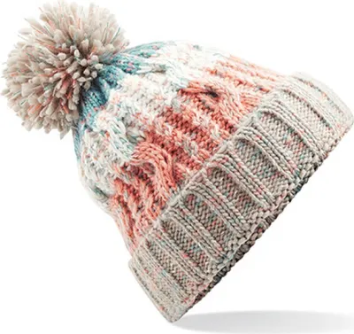 A knitted beanie with a pom-pom on top, displayed against a white background.