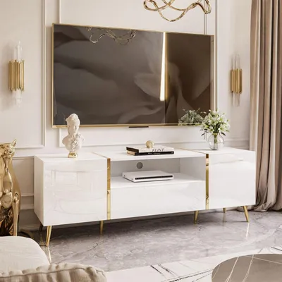Produktbild von TV-Schrank ONYX auf goldenen Beinen Hochglanz 158 cm Weiß / Weiß hochglanz Push-to-Open System