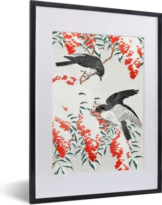 Produktbild von MuchoWow® Gerahmtes Poster Vögel - Beere - Rot - Japandi 30x40 cm - Poster mit Schwarzem Bilderrahmen Wandposter Rahmen Foto Bilder - Wandposter Schlafzimmer