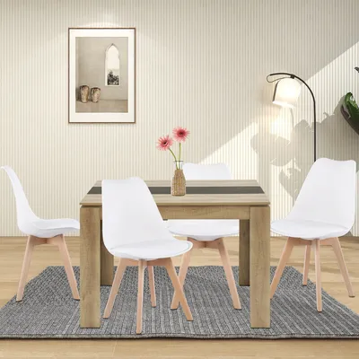 Image de HJ WeDoo Ensemble de salle à manger Table de salle à manger moderne imitation chêne avec 4 chaises blanches en hêtre massif, 110x70x75cm