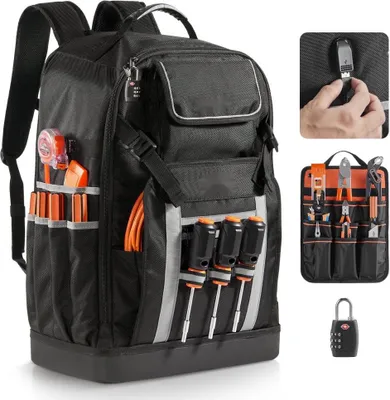 Produktbild von Werkzeugrucksack 56 Taschen - Baustellenrucksack - Packback Werkzeugtasche - Rucksack für Werkzeugtransport - Robuster Arbeitsrucksack