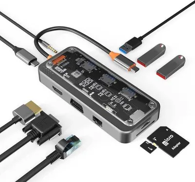 Immagine prodotto di Stazione multifunzione per 2 monitor, 10-in-1, USB-C, HDMI 4K, VGA, audio, Ethernet, funzione di ricarica da 100 W, compatibile con Windows, MacBook, Dell, HP, 1 pezzo, grigio