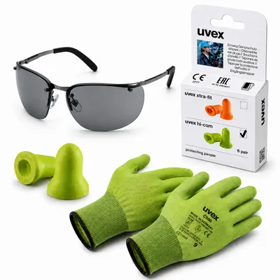 Produktbild von SET UVEX Winner Schutzbrille Grau + C500 Foam Handschuhe Gr. 11 + Hi-Com Ohrstöpsel, KI-generiertes Bild