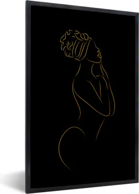 Produktbild von MuchoWow® Gerahmtes Poster Frau - Gold - Schwarz - Strichzeichnung 60x90 cm - Poster mit Schwarzem Bilderrahmen Wandposter Rahmen Foto Bilder - Kunst
