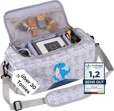 Produktbild von bunnyboo Toniebox Tasche für 30 Hörfiguren - Ideale Tonie Aufbewahrung - Tonie Tasche XXL - Ausreichend Platz für Toniebox, Hörfiguren, Ladekabel und Kopfhörer - Inkl. Schultergürtel… (Dino)
