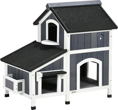 Produktbild von Outdoor-Katzenhaus, zweistöckig, Bodenabstand, Naturholz, Asphaltdach, grau, 96 x 65 x 85,5 cm
