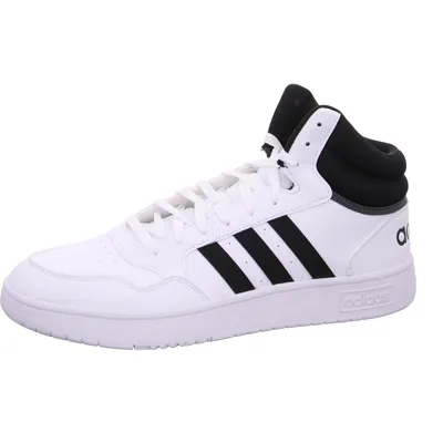 A white Adidas high-top sneaker with black stripes and collar, shown from the side against a white background.