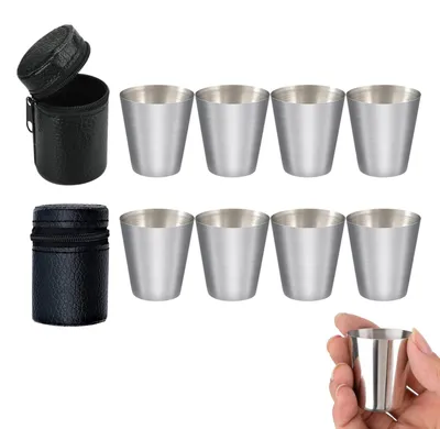 8er Set Edelstahl-Shotgläser 30 ml mit Ledertasche für Camping