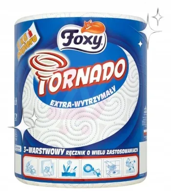 A roll of Foxy Tornado kitchen paper with branding and feature icons.
