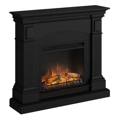 A black electric fireplace with a simulated fire.