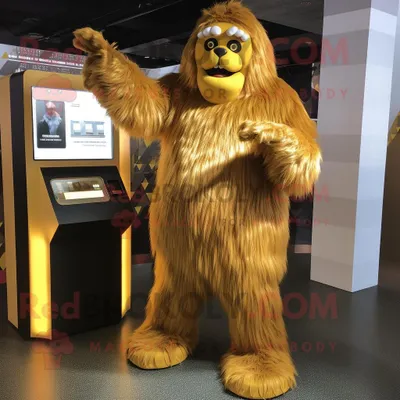 Productafbeelding van Gouden Sasquatch mascotte REDBROKOLY kostuum karakter gekleed met een midi-jurk en portefeuilles