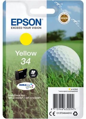 Obrázok produktu pre Epson Golf ball Jednofarebný atrament DURABrite Ultra 34 golfová loptička Yellow, Štandardná výťažnosť, Žltá, Atrament na pigmentovej báze, 4,2 ml, 1 kusov, Balenie po jednom kuse