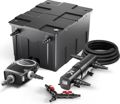 Produktbild von SunSun Komplettset: CBF-550 Teichfilter bis 60000L Teichfilteranlage als Durchlauffilter, NEO10000 Teichpumpe 10000l/h 80W, CUV-236 Teichklärer UVC Klärer mit 36W, 25m Teichschlauch 25 mm, Y-Verteiler