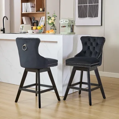 Image de Lot de 2 tabourets de bar en bois avec dossier, pivotants à 360°, en velours, matelassés et cloutés, noir