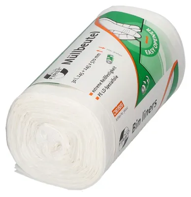 Image de Sacs poubelle DEISS FIRST PLUS, en LDPE, qualité supérieure, 30 litres, blancs, 50 pièces par rouleau