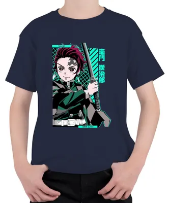 Imagen del producto de Camiseta uni para niños, estilo anime/manga, diseño de Tanjiro, "Demon Slayer: Kimetsu no Yaiba", con espada Kamado, ideal para regalo o cosplay. Color: azul marino. Talla: 128