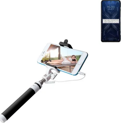 Produktbild von K-S-Trade Selfie Stick kompatibel mit Xiaomi Black Shark 4 Selfiestick kabelgebunden Monopod mit Kabel Stab Stange Selfportrait Handheldstick schwarz