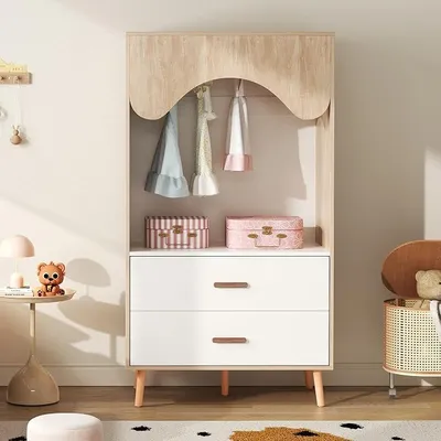 Produktbild von Kinderkleiderschrank offen 80x46x141,5 Weiß-Holz, Stange+Schubladen | Kindgerechte Höhe & offenes Design: Ihr Kind greift selbst zur Kleidung. 30 kg-Stange, Echtholzgriffe. Inkl. Kippschutz