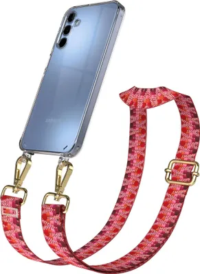 Produktbild von EAZY CASE Handykette - Verstellbarer Trageriemen kompatibel mit Samsung Galaxy A15, Handykordel mit transparenter Silikon-Hülle, Karabiner Gold, ZickZack Style, Band in Lila