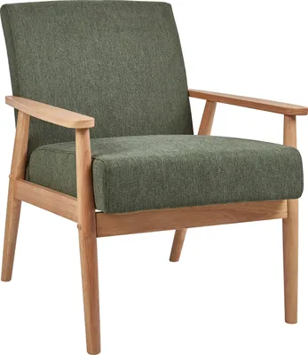 A green upholstered armchair with light brown wooden armrests and legs, presented against a white background.