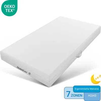 A white mattress is shown at an angle on a white background, with various certifications and labels.