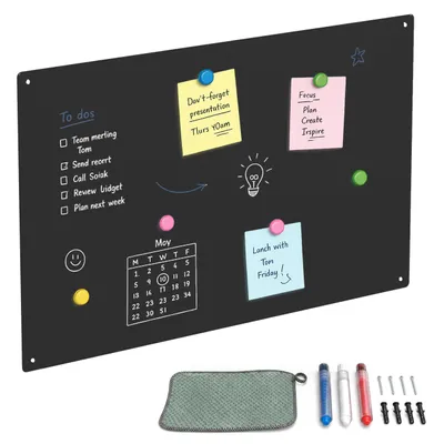 Image de Relaxdays, tableau magnétique et tableau à craie, surface magnétique incluant 3 stylos, dimensions 50x30 cm, tableau d'affichage pour bureau ou cuisine, en acier, couleur noire