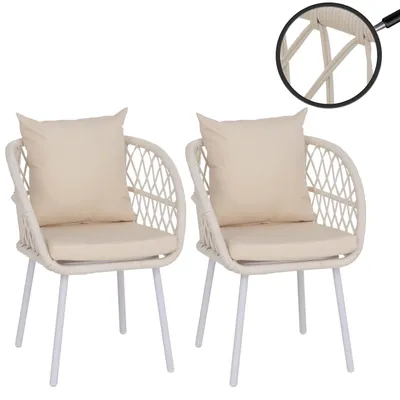 Productafbeelding van Set van 2 tuinstoelen HWC-Q38, tuinstoelen met armleuningen, aluminium met rope-vlechtwerk frame in lichtgrijs, kussens in crème