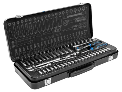 Produktbild von Werkzeugsatz 63 Stck. Högert Technik, 1,4", CrV, CrMo, Metallgehäuse – Werkzeugsatz Werkstatt