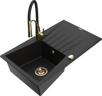 Produktbild von Mexen Cesar 1 Becken-Granitspüle mit Abtropffläche und Mischbatterie Aster, Schwarz - 6514-77-73450-57-G