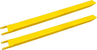 Two yellow forklift extensions are shown against a white background.