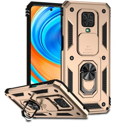 Obrázek produktu pro Pouzdro pro Xiaomi Redmi Note 9S/9 Pro/9 Pro Max dvouvrstvé pouzdro s posuvným krytem kamery a prstencovým stojánkem Zlato