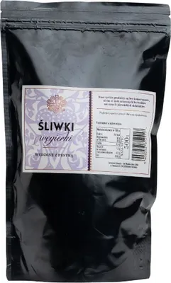 A black doy pack of smoked plums with a label showing product details and nutritional information.