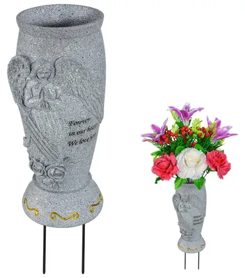 Grabvase mit Engel-Motiv, 25 cm, grau, für Kunstblumen