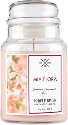 Obrázok produktu pre Vonná sviečka Purple River Mia Flora, ručne liata, sójový vosk, 623 g, doba horenia 140 hodín, sklenený pohár, 2 bavlnené knôty