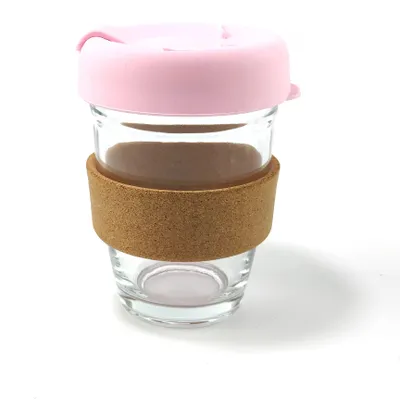 Glaskaffeetasse 350 ml mit Korkmanschette, Reisebecher, Rosa