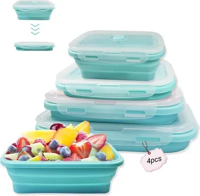 Image de Boîtes à repas en silicone, pliables, hermétiques, plates et empilables, avec couvercle, adaptées au micro-ondes, au lave-vaisselle et au réfrigérateur.