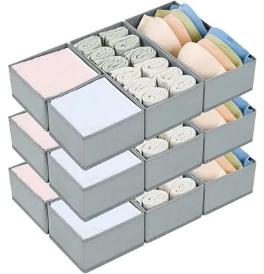 Productafbeelding van Ladenorganizer, 12 stuks, inklapbare opbergboxen, stof, grijs, 6 grote en 6 kleine
