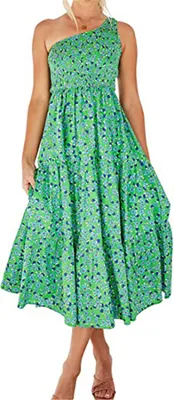 Image de ASKSA Robes Femme Eté Bohème Maxi Robe Epaule Sans Manches Robe Fleurie Ruffles Robes Longues, Vert, S